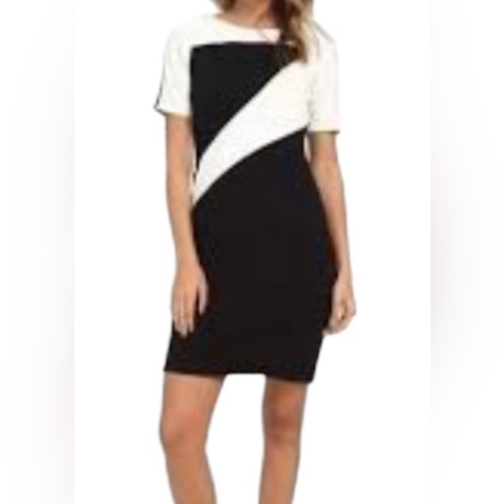 Ellen Tracy Black White Career Dress Lined Color Block short sleeve size 4